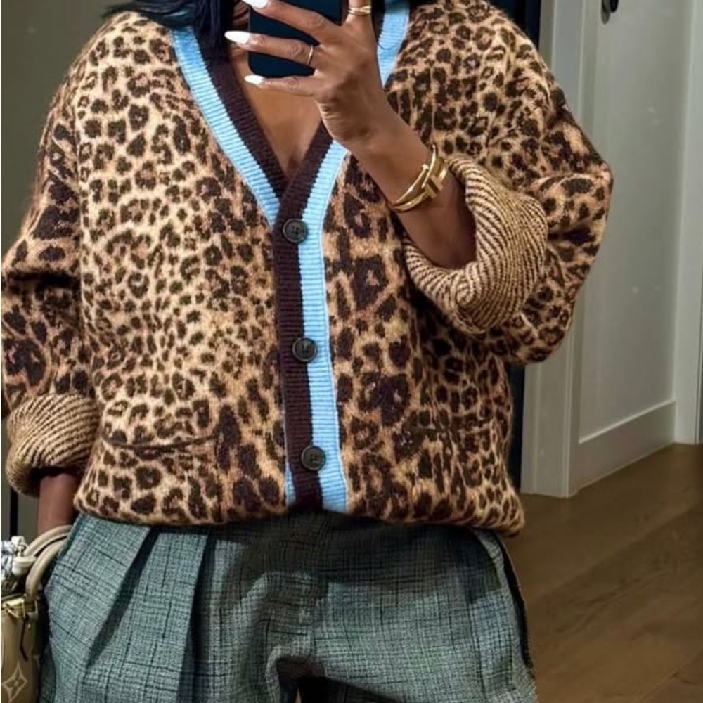Leopard Print Cardigan with Blue Trim
